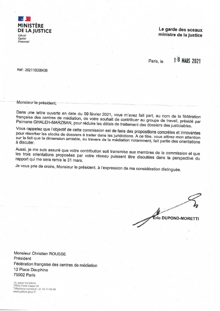 20210318 lettre du Garde des Sceaux à FFCM